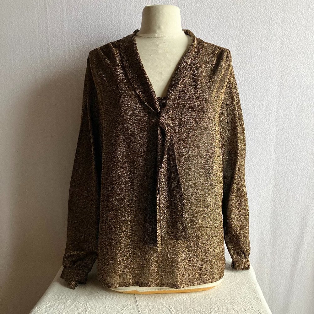 1970s Gold & Black Lame Loose Fitting Long Sleeve Pullover Top with Tie